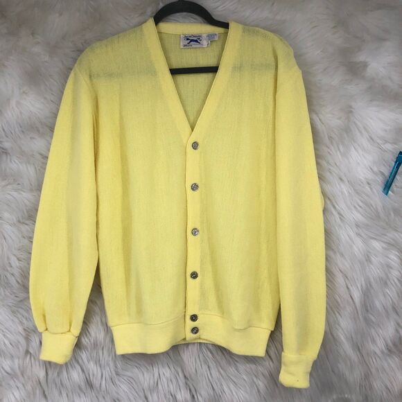 Vintage JCPENNEY Lemon Yellow Cardigan by The Fox Sweater USA, Mint SZ L - Picture 1 of 7